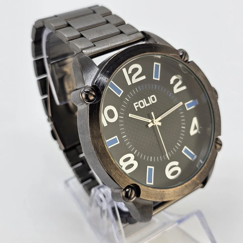 Folio Men Watch 54MM Black Dial Gun Metal Gray Bracelet Band 7.25
